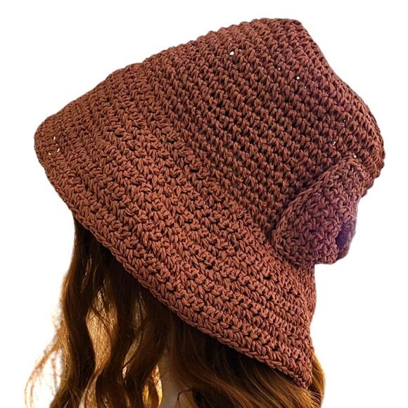 Straw Bucket Crochet Hat With Bow Soft Rose Open Weave - Picture 8 of 13